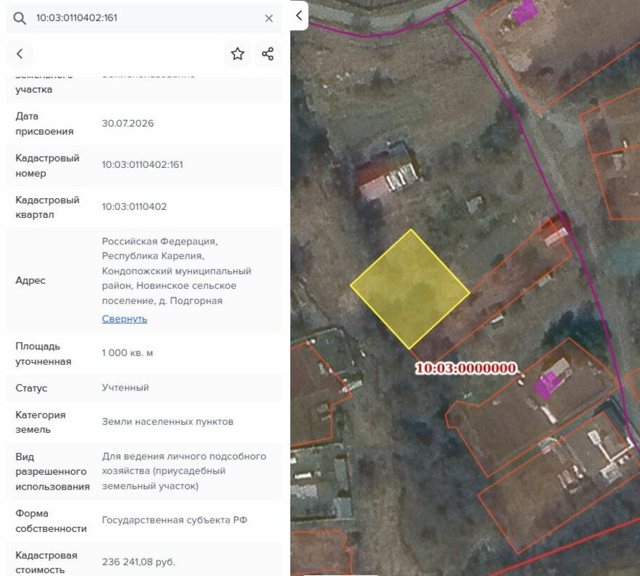 Земельный участок · 10 сот. · респ. Карелия, м.р-н Кондопожский, с.п. Новинское, д. Подгорная